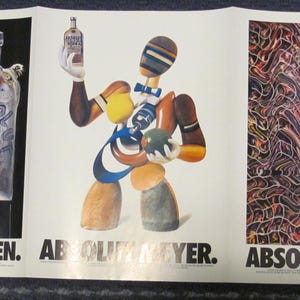 Pubblicità d'epoca della Absolut Vodka, 3 pagine, Vallien Meyer e Gartel con mappa delle gallerie d'arte della costa sud-orientale della Florida sul retro, da collezione.