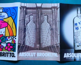 Vintage Absolut Vodka ads 3 pages Brooklyn Chicago Britto with map on back collectible