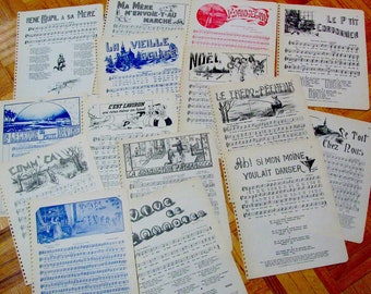 French Vintage Ephemera French Song book pages #1 for collage, altered art and mixed media set of 15