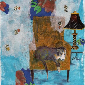 Dog In Chair "Contemplating Life" Mixed Media Small Wall Collage Affordable Art Original Gelli Print Background