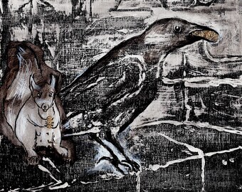 Crow Art Técnica mixta sobre panel de madera Arte de pared listo para colgar Confesiones de cuervo #2