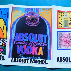 Pubblicità d'epoca di Absolut Vodka, 3 pagine, Britto Warhol e Le Cocq con mappa delle gallerie d'arte di Santa Fe sul retro, da collezione.