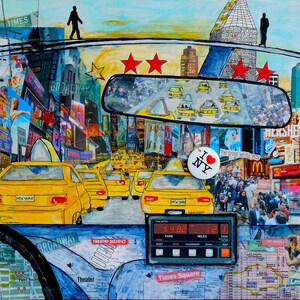 Times Square New York Mixed Media Collage On Wood Ready To Hang