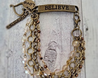 Brass Believe Connector Assemblage Bracelet, Rosary Beads, Brass Chains, Faith Jewelry, Repurposed Upcycled Jewelry by Simply the Glitter