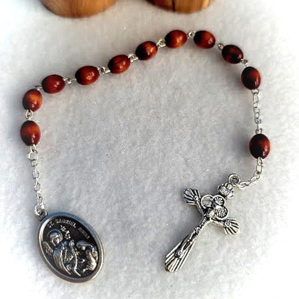 Vintage Olive Wood Beaded Pocket Decade Rosary, Catholic Rosary, Silver Crucifix, St. Gabriel, Repurposed Rosary by Simply the Glitter