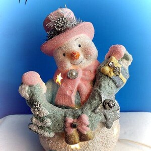 May include: A pink and white snowman figurine with a pink hat and a green and white wreath. The snowman is holding a gift box with a bow and a bell. The figurine is lit up with a light inside.