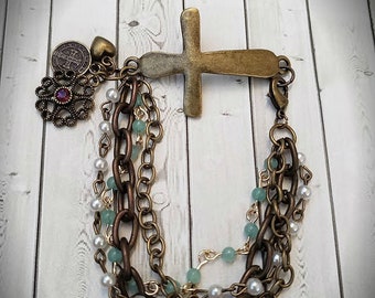 Brass Cross Connector Assemblage Bracelet, Brass Chain, Religious and Faith Jewelry, Repurposed and Upcycled Jewelry by Simply the Glitter