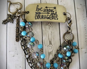 Be Strong and Courageous Assemblage Bracelet, Vintage Rosary Beads, Faith Jewelry, Repurposed and Upcycled Jewelry by Simply the Glitter