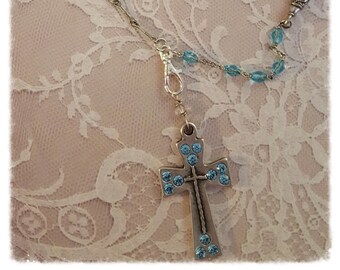 Blue and Silver Rhinestone Cross Assemblage Necklace, Faith Jewelry, Mother's Day Gift, Repurposed, Upcycled Jewelry by Simply the Glitter