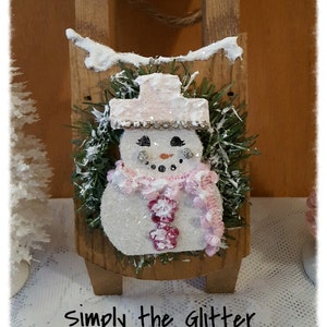 Wooden Snowman Sled Winter Decoration, Pink Snowman Wall Hanging Decoration, Christmas Collectible, Snowman Original by Simply the Glitter image 1