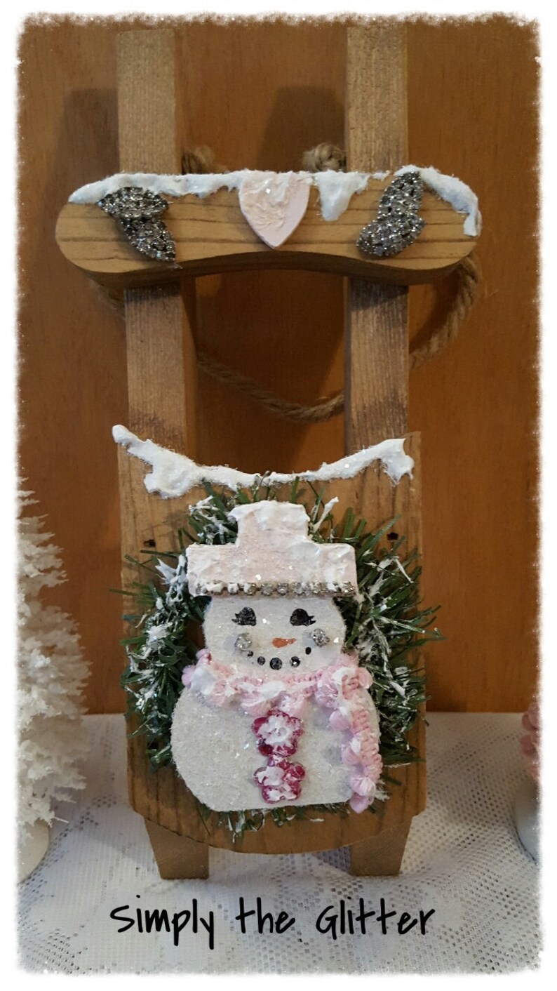 Wooden Snowman Sled Winter Decoration, Pink Snowman Wall Hanging Decoration, Christmas Collectible, Snowman Original by Simply the Glitter image 1