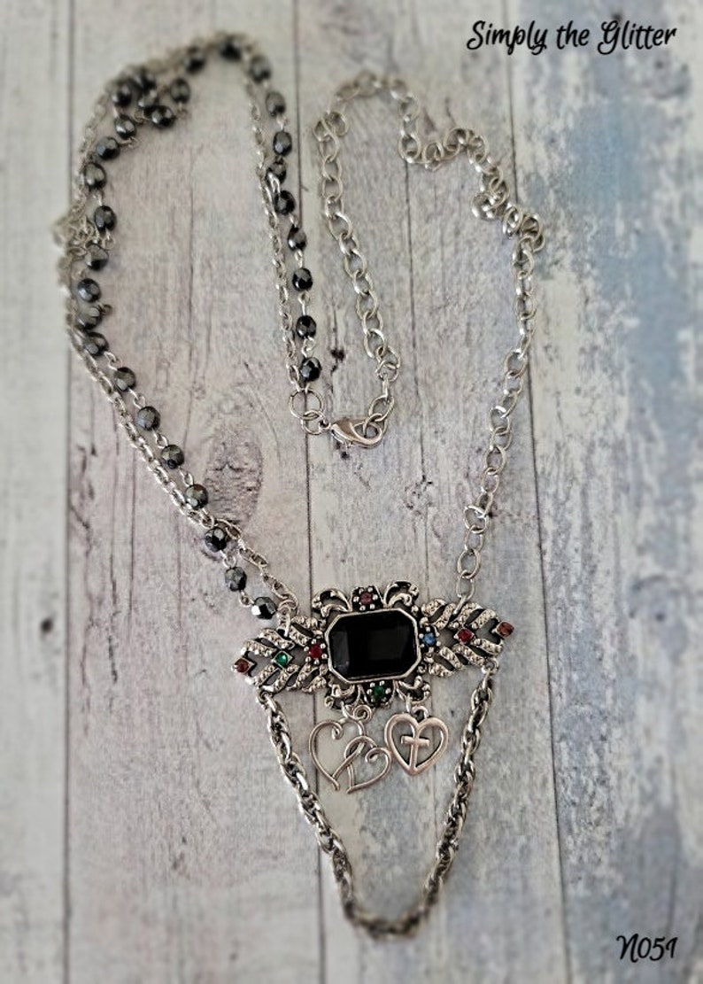 Vintage Black Stone Pendant Assemblage Necklace, Jewelry Gift for Her, Vintage Brooch, Repurposed and Upcycled Jewelry by Simply the Glitter image 4