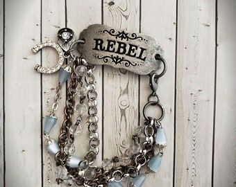 Silver Rebel Connector Assemblage Bracelet, Vintage Rosary Beads, Rhinestone Horseshoe, Repurposed Upcycled Jewelry by Simply the Glitter