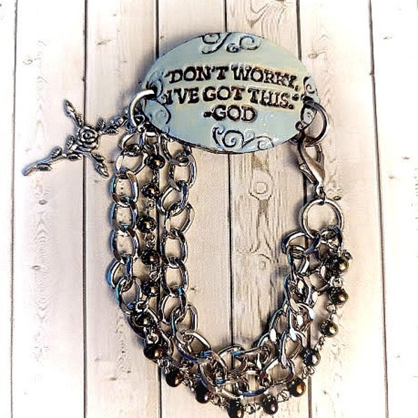 Ceramic "Don't Worry" Assemblage Faith Bracelet, Rosary Beads, Silver Faith Jewelry, Repurposed, Upcycled Jewelry, Simply the Glitter