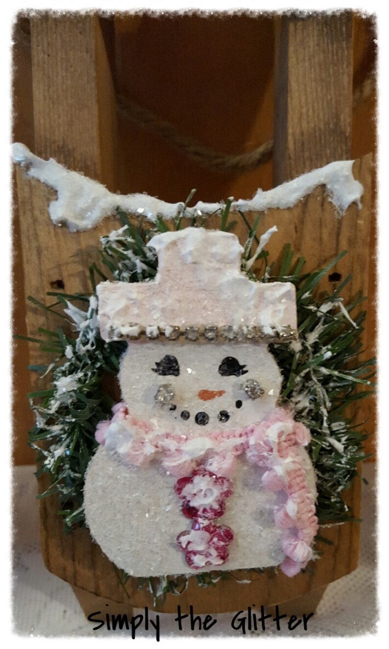 Wooden Snowman Sled Winter Decoration, Pink Snowman Wall Hanging Decoration, Christmas Collectible, Snowman Original by Simply the Glitter image 2