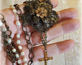 Brass Flower Pendant Assemblage Necklace, Vintage Rosary Cross, Faith Jewelry, Upcycled and Repurposed Jewelry by Simply the Glitter