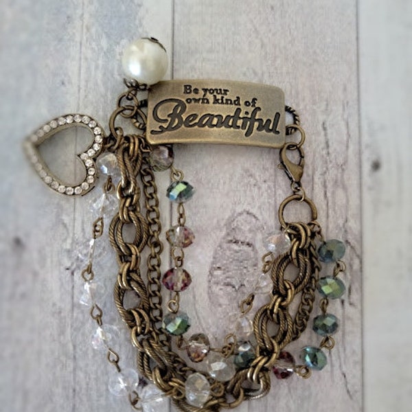 Be Your Own Kind of Beautiful Assemblage Bracelet, Vintage Rosary Beads, Brass Chains, Repurposed and Upcycled Jewelry by Simply the Glitter