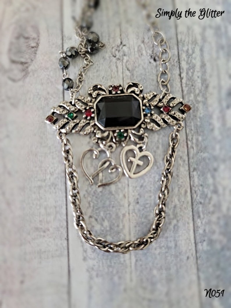 Vintage Black Stone Pendant Assemblage Necklace, Jewelry Gift for Her, Vintage Brooch, Repurposed and Upcycled Jewelry by Simply the Glitter image 3