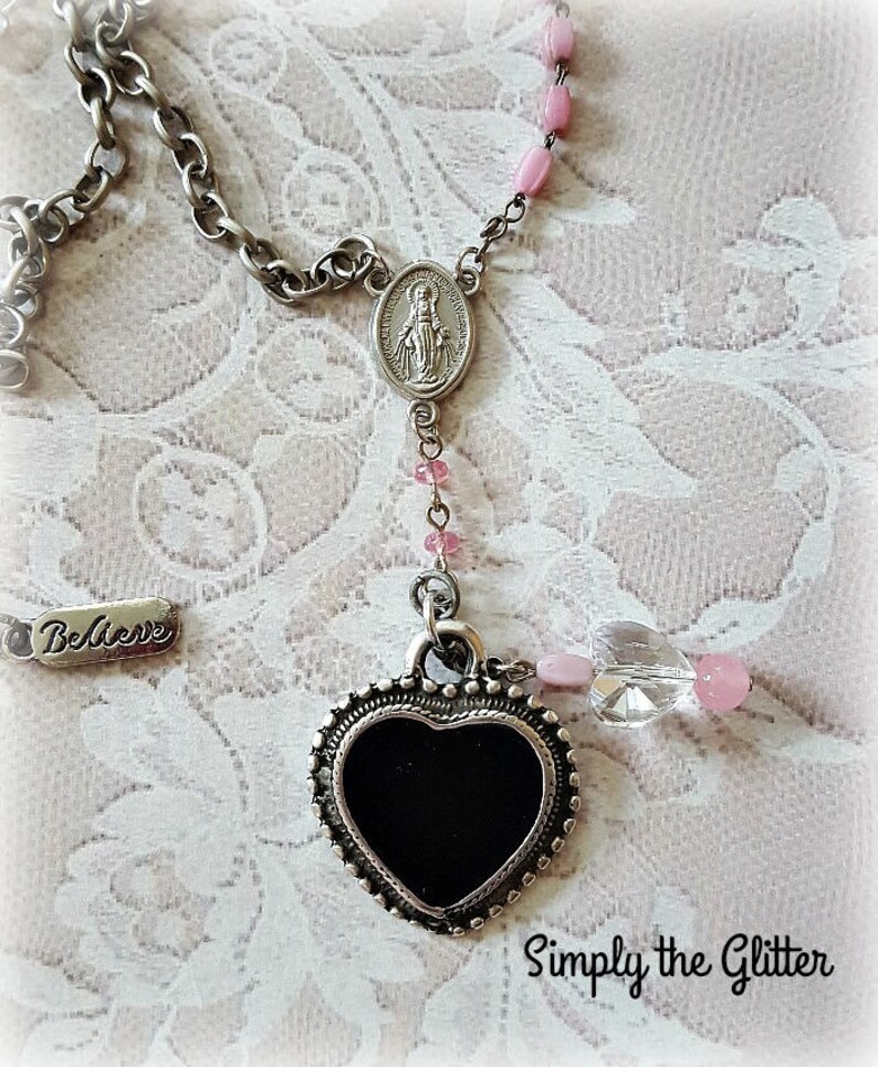 Black and Silver Heart Pendant Assemblage Necklace Religious Etsy