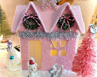 Vintage Inspired Shabby Chic Pink Putz Christmas House, Christmas Decor, Christmas Village Glitter House, Simply the Glitter Original