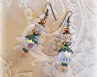 Vintage Crystal Glass Beaded Assemblage Earrings, Green Patina Bead Caps, Repurposed and Upcycled Jewelry by Simply the Glitter