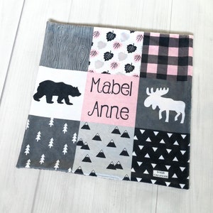 Personalized Woodland Blanket, Minky Lovey, Charcoal + Pink Blanket, Girl Lovey, Baby Lovey, Baby Gift, Minky Baby Blanket, Security Blanket