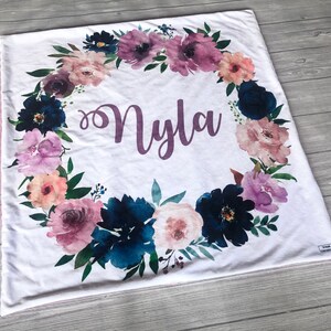 Personalized Lovey, Navy and Mauve Floral Blanket, Minky Lovey for baby, Floral Minky Lovey, Baby Girl, Gifts for Baby, Floral Wreath