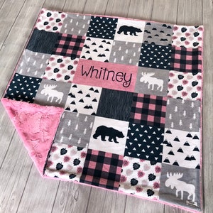 Personalized Woodland Lovey, Pink + Grey Blanket, Minky Lovey, Girl Lovey, Baby Lovey, Baby Gift, Minky Baby Blanket, Security Blanket