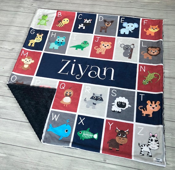 Personalized ABC Blanket, ABC Baby Blanket, Minky Blanket, Baby Boy Blanket, Minky Blanket Boy, Name Blanket, ABC Animals Blanket