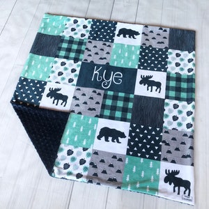 Personalized Woodland Blanket, Minky Lovey, Baby Boy Lovey, Navy + Mint + Grey, Baby Gift, Minky Baby Blanket, Security Blanket