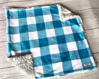 Buffalo Plaid Lovey, 17"x17", Boy Lovey, Baby Lovey, Blue + White Buffalo Plaid, Baby Gift, Car Seat Lovey, Security Blanket, Blue Lovey