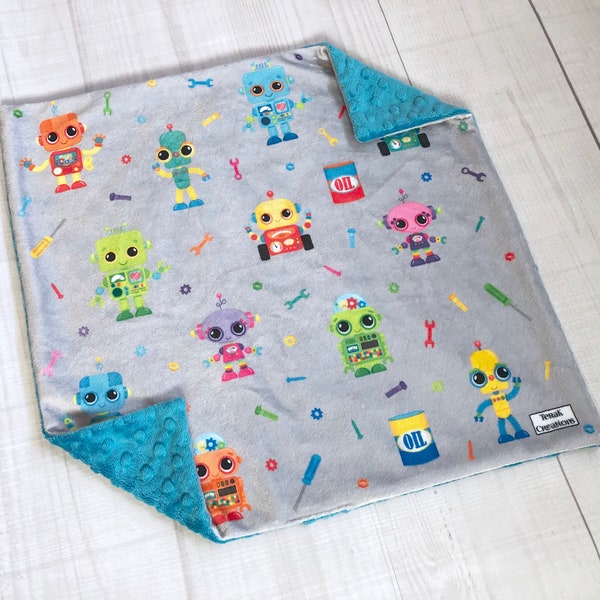 Robots Lovey, Minky Lovey, 17"x17", Baby Boy Lovey, Baby Girl Lovey, Minky Lovey for Baby, Security Blanket, Car seat Lovey, Cute Robots