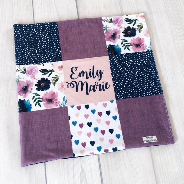 Personalized Navy and Mauve Floral Lovey, Minky Lovey, Baby Girl Lovey, Minky Lovey Girl, Baby Gift, Carseat Lovey, Minky Baby Blanket