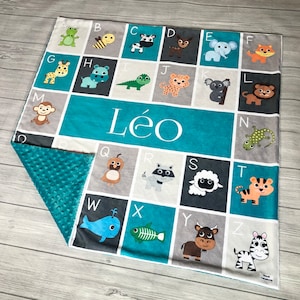 Personalized ABC Blanket, ABC Baby Blanket, Minky Blanket, Baby Boy Blanket, Minky Blanket Boy, Name Blanket, ABC Animals Blanket