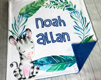 Personalized Zebra Blanket, Personalized Safari Lovey, Gifts for Baby, Baby Boy Blanket, Baby Boy Nursery, Baby Boy Lovey, Wreath Blanket