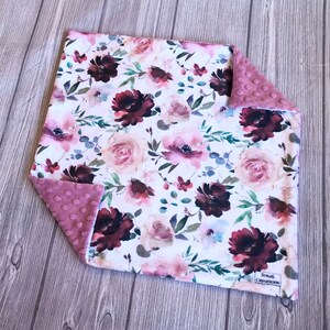 Lovey: Burgundy + Pink Floral, 17&quot;x17&quot;, Minky Lovey, Pink Lovey, Girl Lovey, Minky Lovey for Baby, Gifts for Baby, Baby Lovey, Floral Lovey