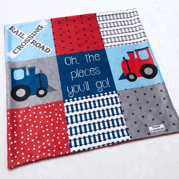 Lovey: Trains Blue + Red, 17"x17", Boy Lovey, Minky Lovey, Train Lovey, Baby Gift, Oh the places you’ll go, Stroller Lovey, Security Blanket