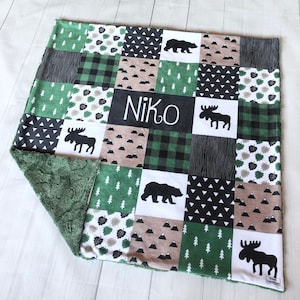 Personalized Woodland Blanket, Minky Lovey, Baby Boy Lovey, Charcoal + Green + Tan, Baby Gift, Minky Baby Blanket, Security Blanket