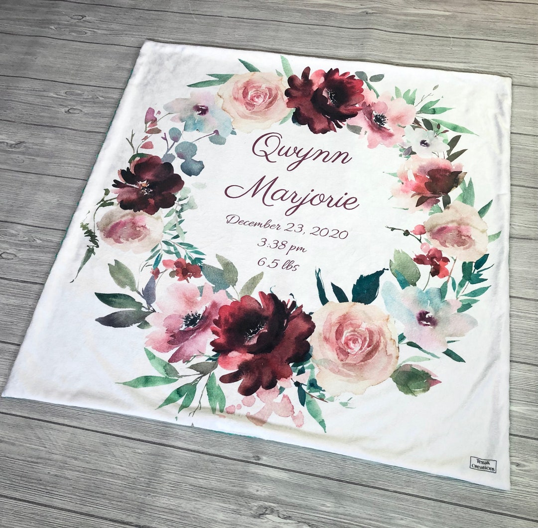 Floral Wreath Blanket, Personalized Baby Blanket, Floral Minky Lovey