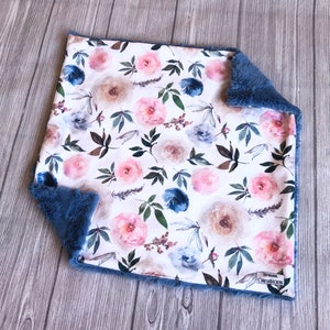 Lovey: Pink + Blue Floral, 17&quot;x17&quot;, Minky Lovey, Baby Lovey, Girl Lovey, Minky Lovey for Baby, Baby Gift, Security Blanket, Floral Lovey