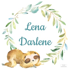 May include: Watercolor illustration featuring the names "Lena" and "Darlene" in teal script, encircled by a leafy wreath. A sleeping sloth is at the bottom. The image has a soft, pastel color palette and a whimsical feel.