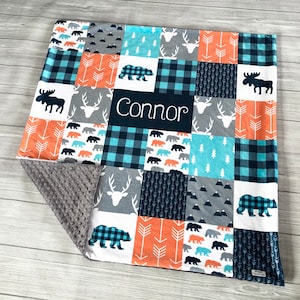 Personalized Woodland Blanket, Minky Lovey, Baby Boy Lovey, Navy + Orange + Grey, Baby Gift, Minky Baby Blanket, Security Blanket