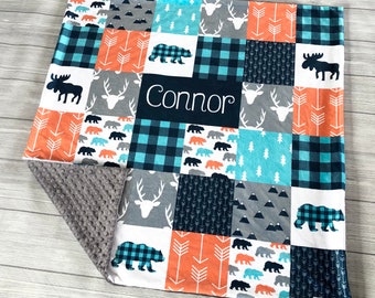 Personalized Woodland Blanket, Minky Lovey, Baby Boy Lovey, Navy + Orange + Grey, Baby Gift, Minky Baby Blanket, Security Blanket