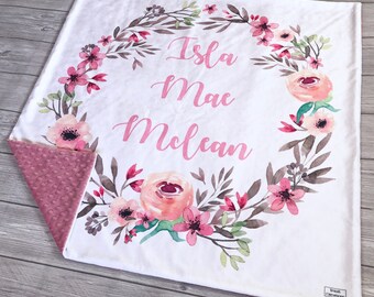 Personalized Floral Blanket, Minky Lovey for baby, Custom Double Minky Lovey, Baby Girl Blanket, Gifts for Baby, Floral Wreath Lovey