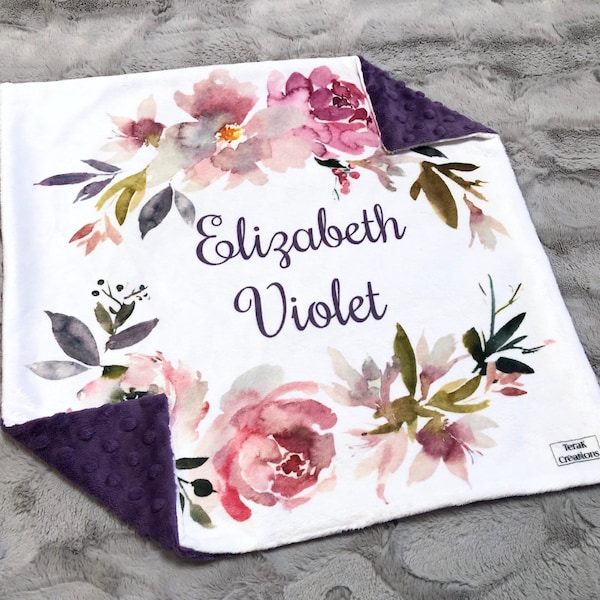 Personalized Floral Blanket, Minky Lovey for baby, Floral Minky Lovey, Custom Double Minky Lovey, Baby Girl, Gifts for Baby, Floral Wreath