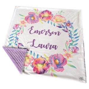 Personalized Floral Wreath Blanket, Baby Floral Minky Lovey, Floral Baby Blanket, Baby Girl, Gifts for Baby, Pink + Gold Floral Wreath