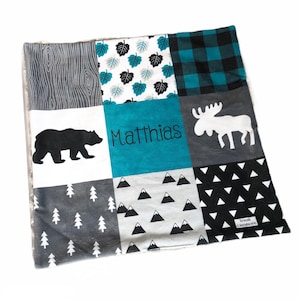 Personalized Woodland Blanket, Minky Lovey, Baby Boy Lovey, Charcoal + Teal + Grey, Baby Gift, Minky Baby Blanket, Security Blanket