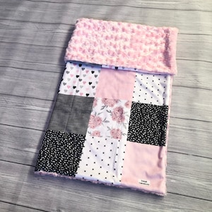 Pink + Grey Baby Blanket, Minky Blanket, Minky Baby Blanket, Baby Girl Blanket, Pink Floral Baby Blanket, Gifts for Baby, Stroller Blanket