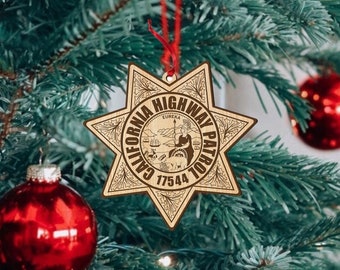 CHP California Highway Patrol Trooper Police Officer Badge Personalized Wood Christmas Ornament with ribbon and Gift Box | FREE SHIPPING