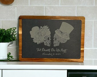 Til Death Do Us Part Sugar Skull Skeleton Bride and Groom Bamboo Cutting Board Personalized Wedding Anniversary Gift for the Couple